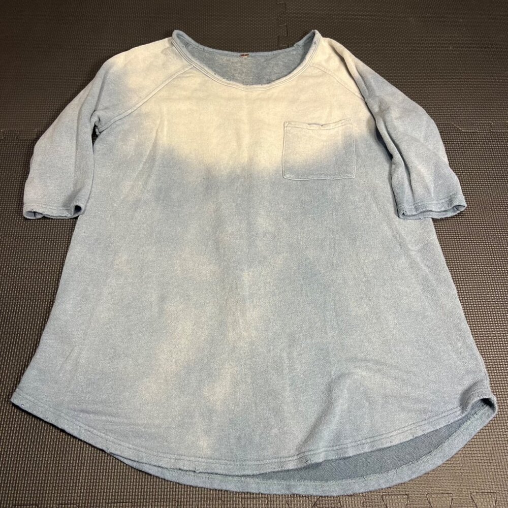 Free People Ombre Blue Tunic Top With Pocket 3/4 Sleeves Relaxed Fit Womens Casu